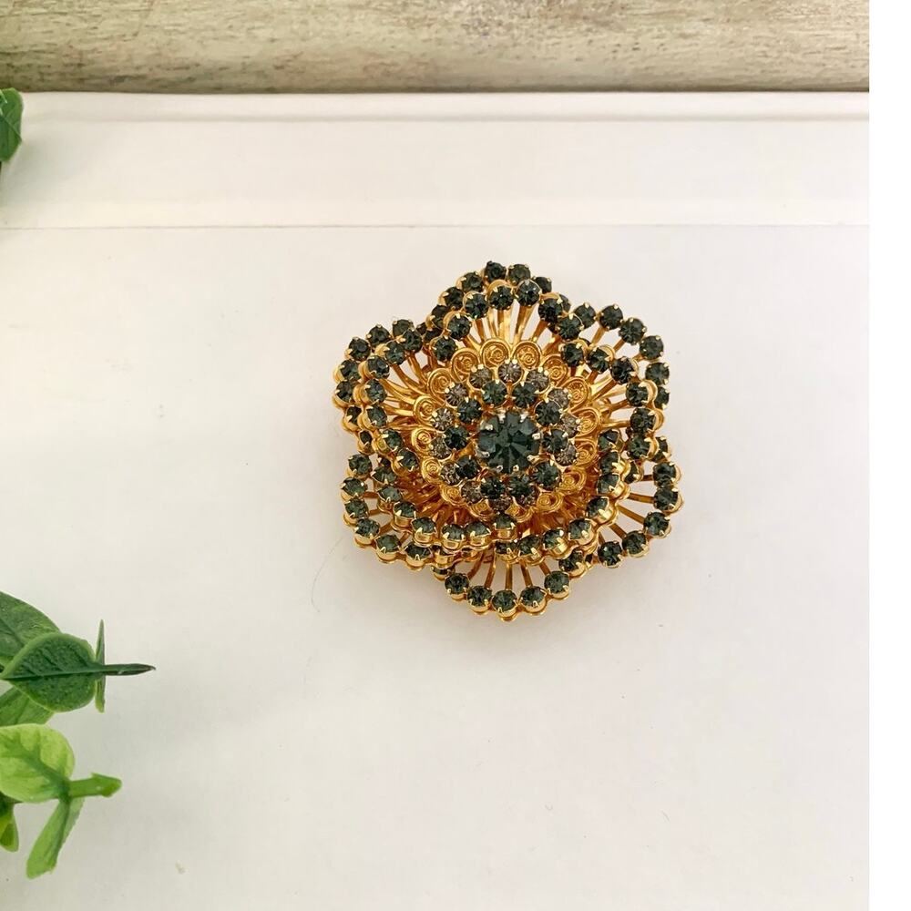 Vintage Vendome Rhinestone Flower Brooch Gold Tone Statement Pin Cocktail